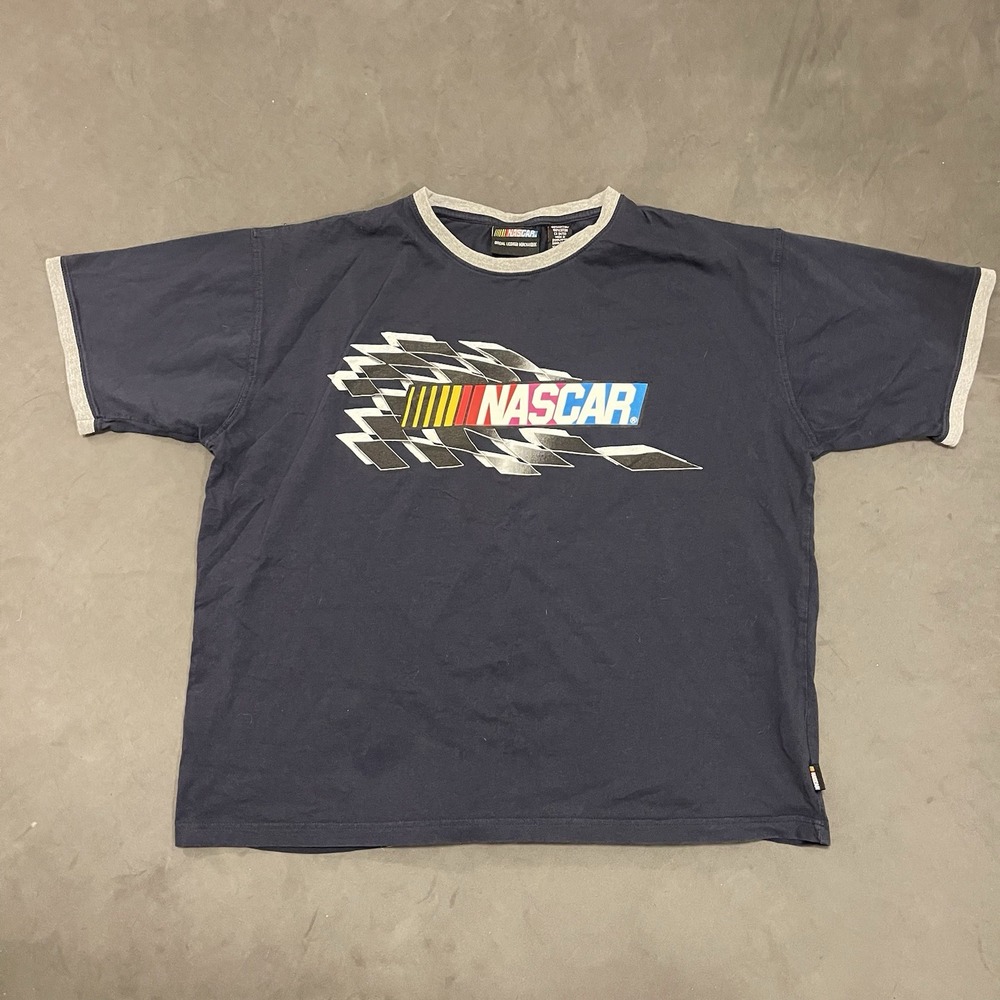 NASCAR Shirt Men's XXL Navy Racing Logo‎ Graphic Tee Crew Neck Short Sleeve Crop